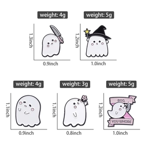 Detailed size chart for five cute enamel ghost brooches with measurements and weight specs