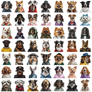 Detailed grid of 49 cartoon dog stickers with various breeds and stylish outfits