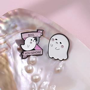 Cute cartoon ghost enamel brooch set with movie quote in an iridescent shell display