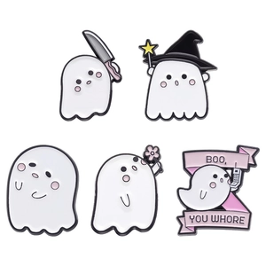 Set of 5 cute white ghost enamel pins with funny movie quotes for Halloween accessory