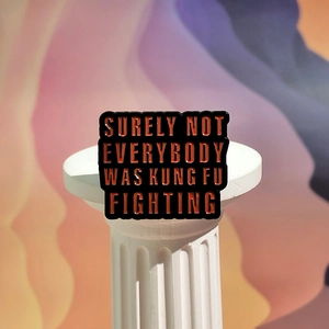 Funny Kung Fu Fighting black enamel badge with red quote on white display stand