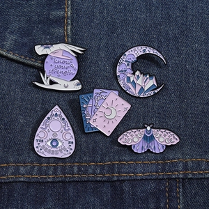 Five-piece set of mystical enamel pins with purple crystal moon and tarot moth designs