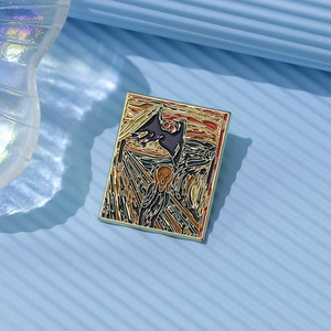 Artistic rectangular Scream painting enamel brooch with gold metal edge and bat detail