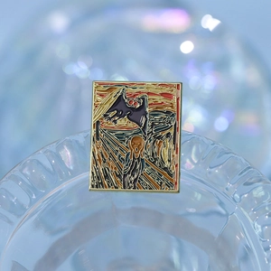 Artistic enamel brooch featuring Van Gogh style oil painting and a fantasy bat monster