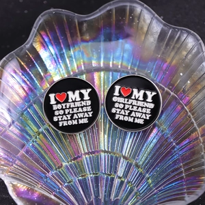 Funny black enamel pins with I heart My Boyfriend and Girlfriend slogan badges