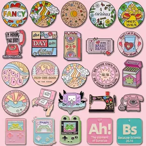 Pink creative cartoon enamel pins set featuring vintage phone and sewing machine designs