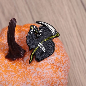 Gothic Grim Reaper enamel pin with scythe on pumpkin, retro Halloween metal brooch accessory