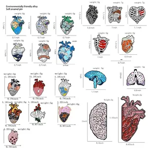 Tableau des tailles pour broches en forme d'organes anatomiques avec dimensions et poids