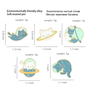 Detailed view of eco-friendly alloy cat enamel pins with space theme specifications