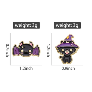 Detailed size specifications for Halloween bat and black cat enamel pins in alloy