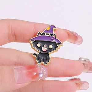 Cute punk bat kitten enamel pin with purple witch hat for clothes and hats accessory
