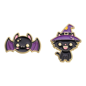 Cute punk style bat and magic cat enamel pin set made of zinc alloy for hats and bags