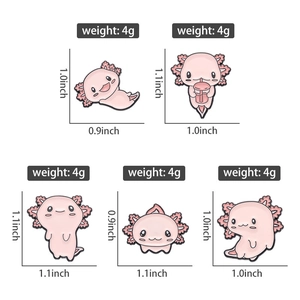 Detailed view of pink axolotl enamel pins with sizes and weights shown on white background