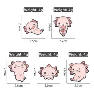 Detailed size and 4g weight specifications for six cute pink axolotl enamel pins