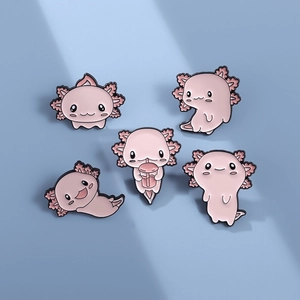 Detailed set of five cute pink axolotl enamel pins featuring various cartoon poses
