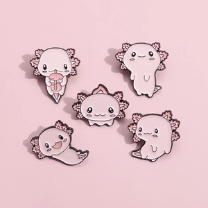 Detailed close-up of pink axolotl enamel pins in five cute poses for backpack decoration