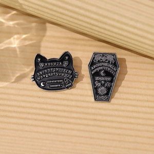 Halloween black enamel cat and coffin pins with Meowja board and skull engraving