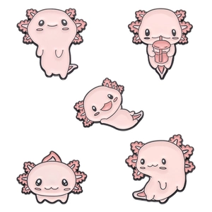 Set of five cute pink axolotl enamel pins in various poses on a white background
