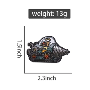 Detail view of pixel art eagle tank enamel pin showing 5.8x3.8cm size and 13g weight
