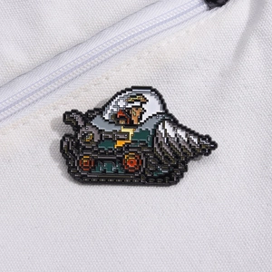 Creative pixel art enamel pin featuring an eagle driving a green tank on canvas fabric