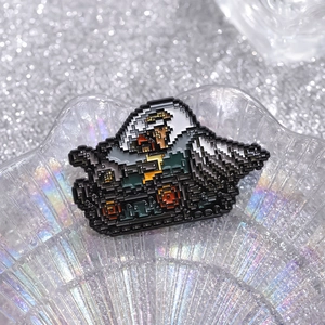 Creative pixel art tank enamel pin with bird head design on holographic display tray