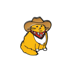 Cartoon orange fat cat enamel pin wearing a brown cowboy hat and red scarf badge