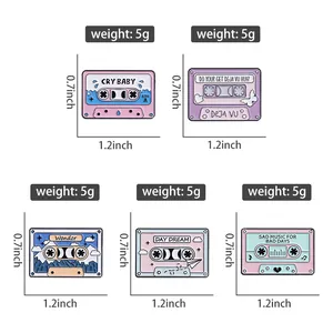 Detailed size chart for vintage cassette tape enamel pins showing 1.2 x 0.7 inch dimensions