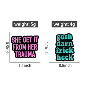 Detailed size and weight specs for enamel pins with witty sayings on white background