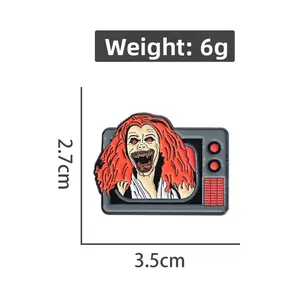 Detailed view of horror zombie enamel brooch with dimensions 2.7x3.5cm and 6g weight
