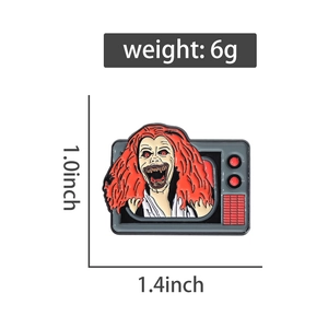 Detailed enamel pin showing a red-haired zombie crawling out of a vintage TV, 1.4 inches