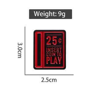 Retro arcade coin slot enamel pin, insert coin design, size 3.0cm x 2.5cm, weight 9g