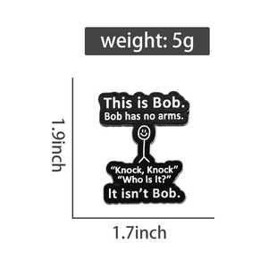 Enamel badge detailed size guide showing 5g weight and stickman Bob graphic