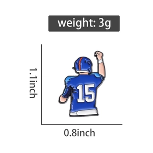 Detailed dimensions of 1.1 inch American football player enamel pin in jersey number 15