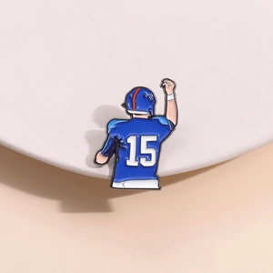 Épingle en Émail Joueur de Football Américain #15 Maillot Bleu Sport Athlète Silhouette Broche de Revers en Alliage de Zinc