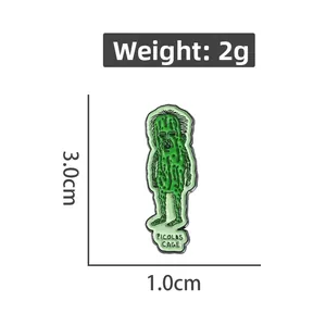 Funny green Picolas Cage enamel pin with pickle man design and dimensions of 3.0x1.0 cm