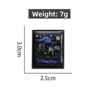 Enamel pin with Starry Night parody and 'I live in a Van Gogh' text in rectangular design