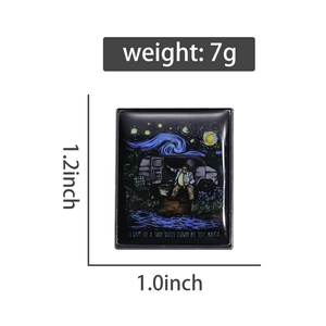 Detail view of Van Gogh style enamel pin showing dimensions 1.2 x 1.0 inches and 7g weight