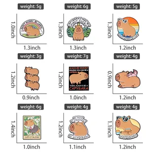 Size chart showing dimensions and weight for cartoon capybara enamel pins and badges