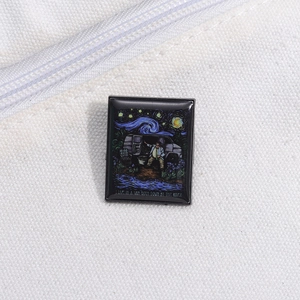Detailed enamel pin with Van Gogh starry night design and camping van on canvas background