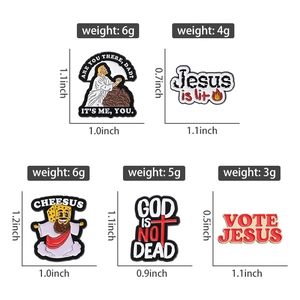 Detailed size and weight chart for creative religious enamel pins with cartoon designs
