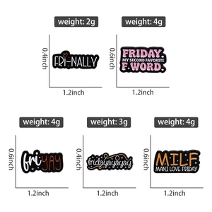 Detailed size and weight chart for fun black and pink Friday theme enamel pins