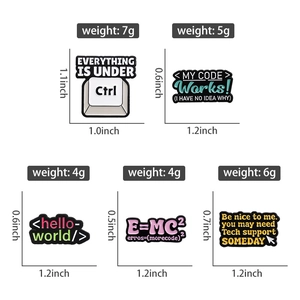 Detail view of five creative enamel pins for programmers with exact size and weight specs