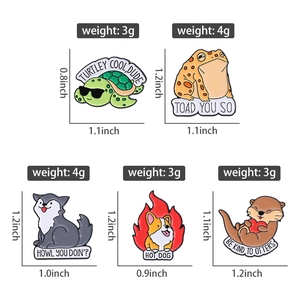 Detailed size and weight specs for various cartoon animal enamel pins including otter and turtle