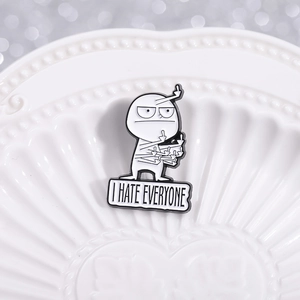Funny black and white enamel pin with cartoon figure showing middle finger and I Hate Everyone