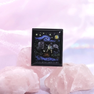 Artistic van life enamel pin with Starry Night pattern and humorous river quote