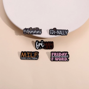 Set of 5 stylish PVC shoe charms with creative Friday and humor themes on beige background