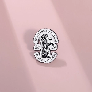 Badge Pin's en Émail Chien en Alliage Noir Blanc Hello Fluff Cancer 2024 Lettre Broche Bijoux Créatifs Cadeau pour Vêtements