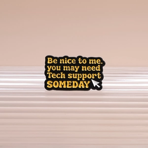 Funny enamel pin with Tech Support quote and mouse cursor on white textured background