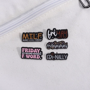5-piece set of cartoon enamel pins with humorous Friday themes on white canvas bag