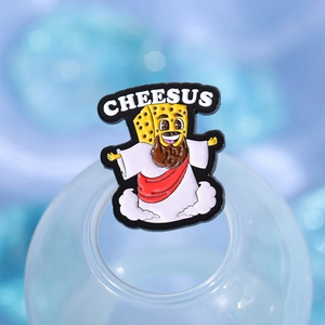 Funny Cheesus enamel pin featuring a cartoon cheese character on a blue bokeh background